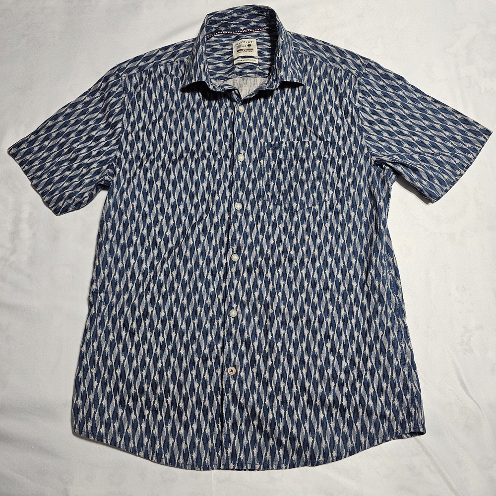Netplay‎ Indie Casuals Mens Slim Small Blue White Geometric Cotton Slub Shirt SS
